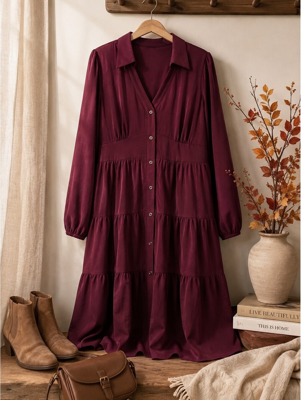 MAIA Burgundy Tiered Button Front Shirt Dress, Long Sleeve, Sz 8 NWT MSRP $79